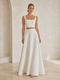 Minimal Bridal Two Piece Square Neck Straps Satin A-Line Floor Wedding Outfit front view