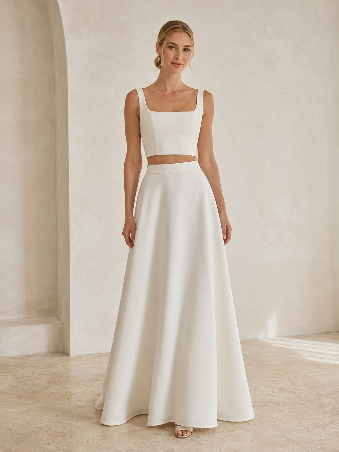 Minimal Bridal Two Piece Square Neck Straps Satin A-Line Floor Wedding Outfit front view