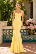 Daffodil Spaghetti Strap Mermaid Formal Dress with Flower Shoulder Appliques and Lace-Up Back front view