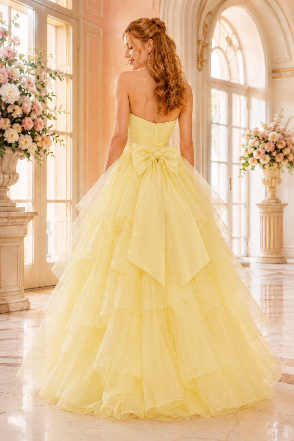 Daffodil Yellow Strapless Ball Gown with Large Bow and Layered High-Low Tulle Skirt back view