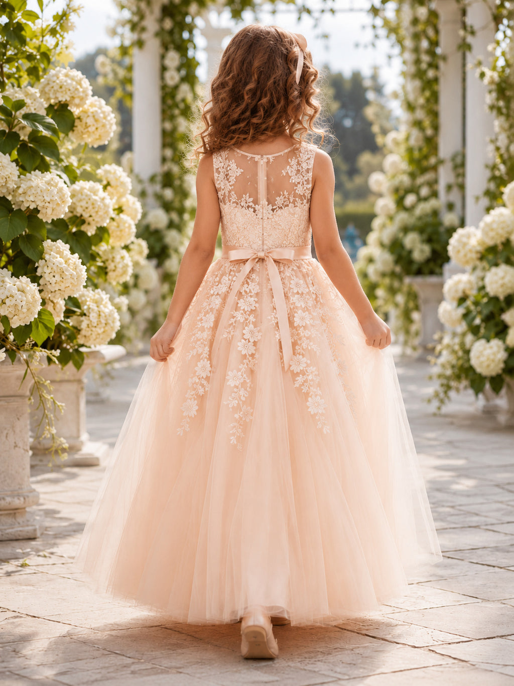 Blush Floral Tulle A-Line Flower Girl Dress with Tea-Length Skirt back view