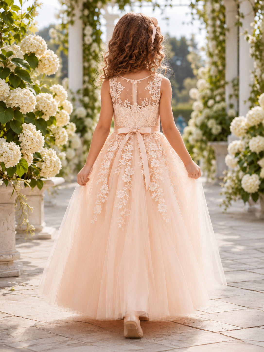 Blush Floral Tulle A-Line Flower Girl Dress with Tea-Length Skirt back view