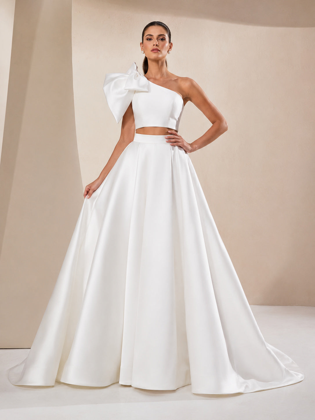 Beach Satin Wedding Dress Ball Gown One Shoulder Sleeveless Sweep Train Bridal Gown front view