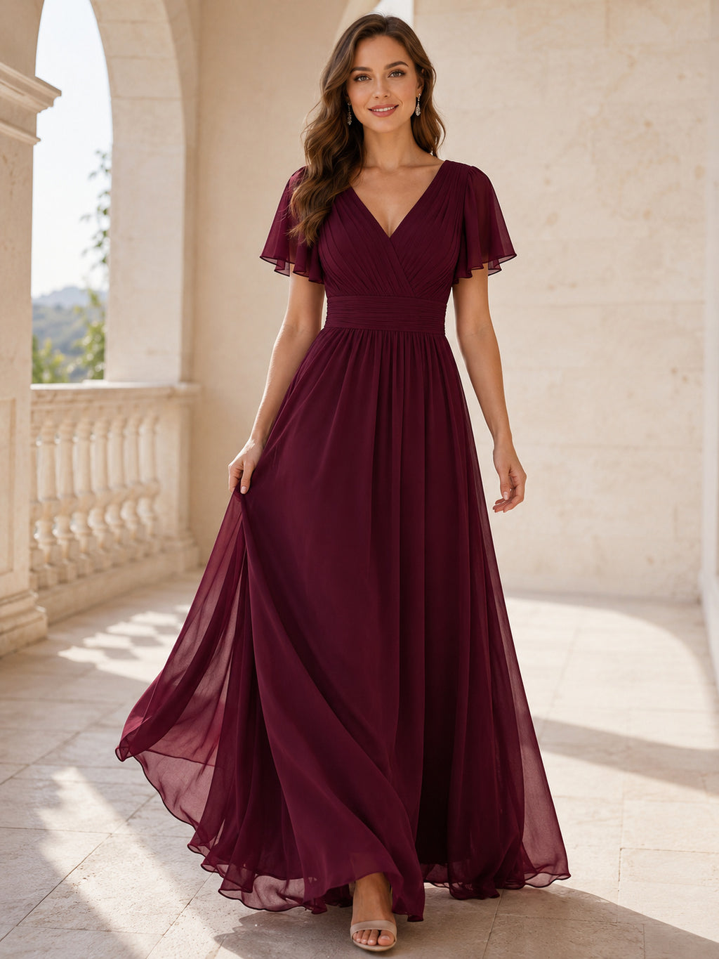Burgundy V Neck Flutter Sleeve Chiffon Formal Dress front view