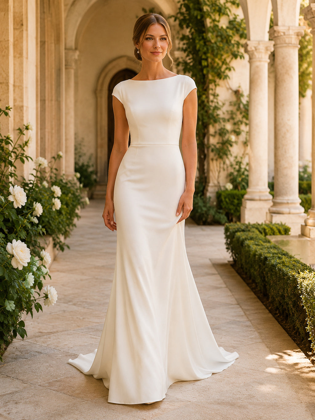 Classic Satin Wedding Dress Sheath High Neck Short Sleeve Sweep Train Bridal Gown front view