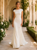 Classic Satin Wedding Dress Sheath High Neck Short Sleeve Sweep Train Bridal Gown front view