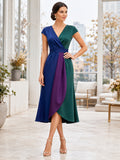 Jewel Tone V Neck Cap Sleeve High Low Guest Dress front view