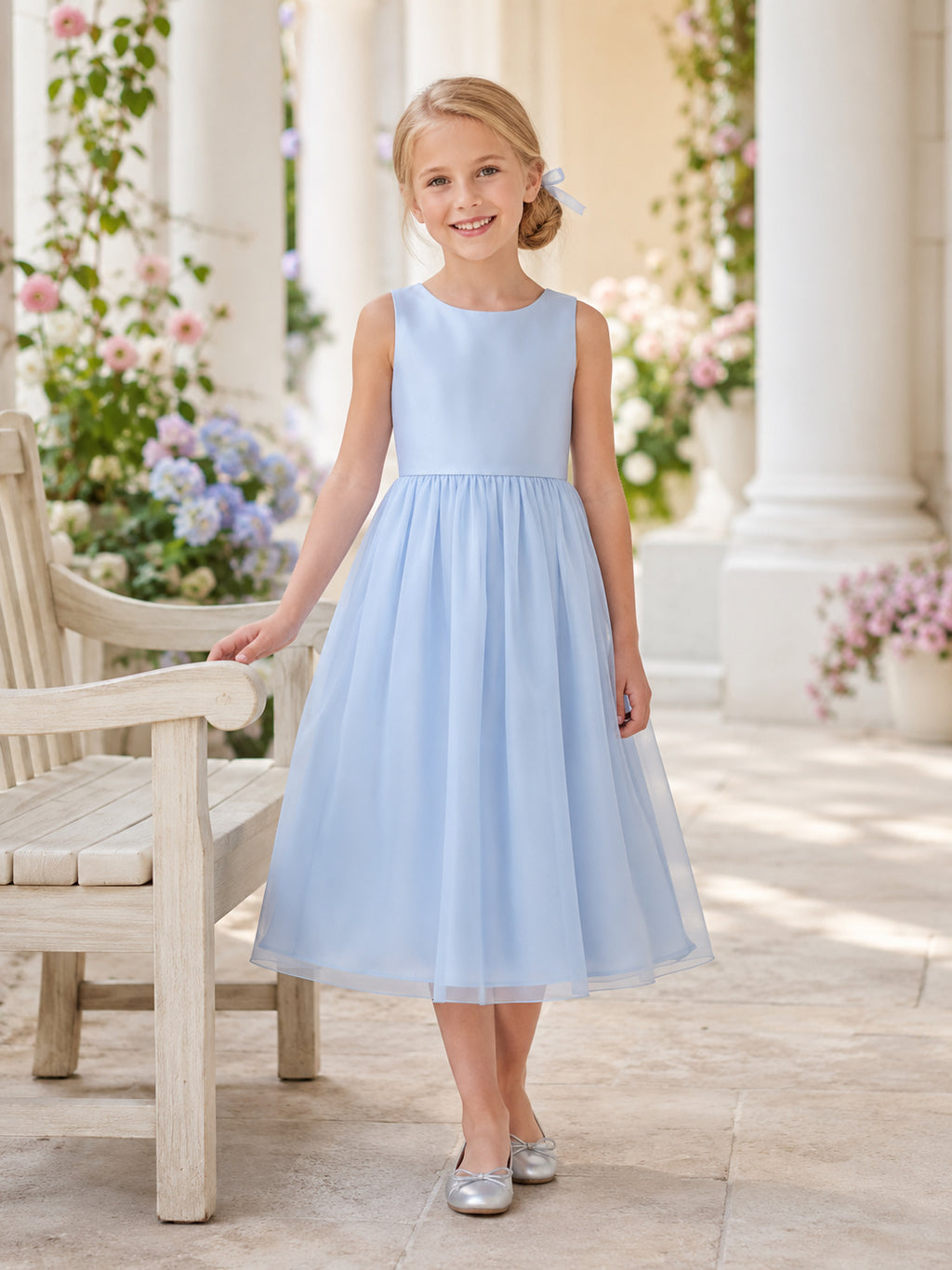 Flower Girl Dress A-Line Sky Blue Sensory Friendly Jersey Sleeveless Simple front view