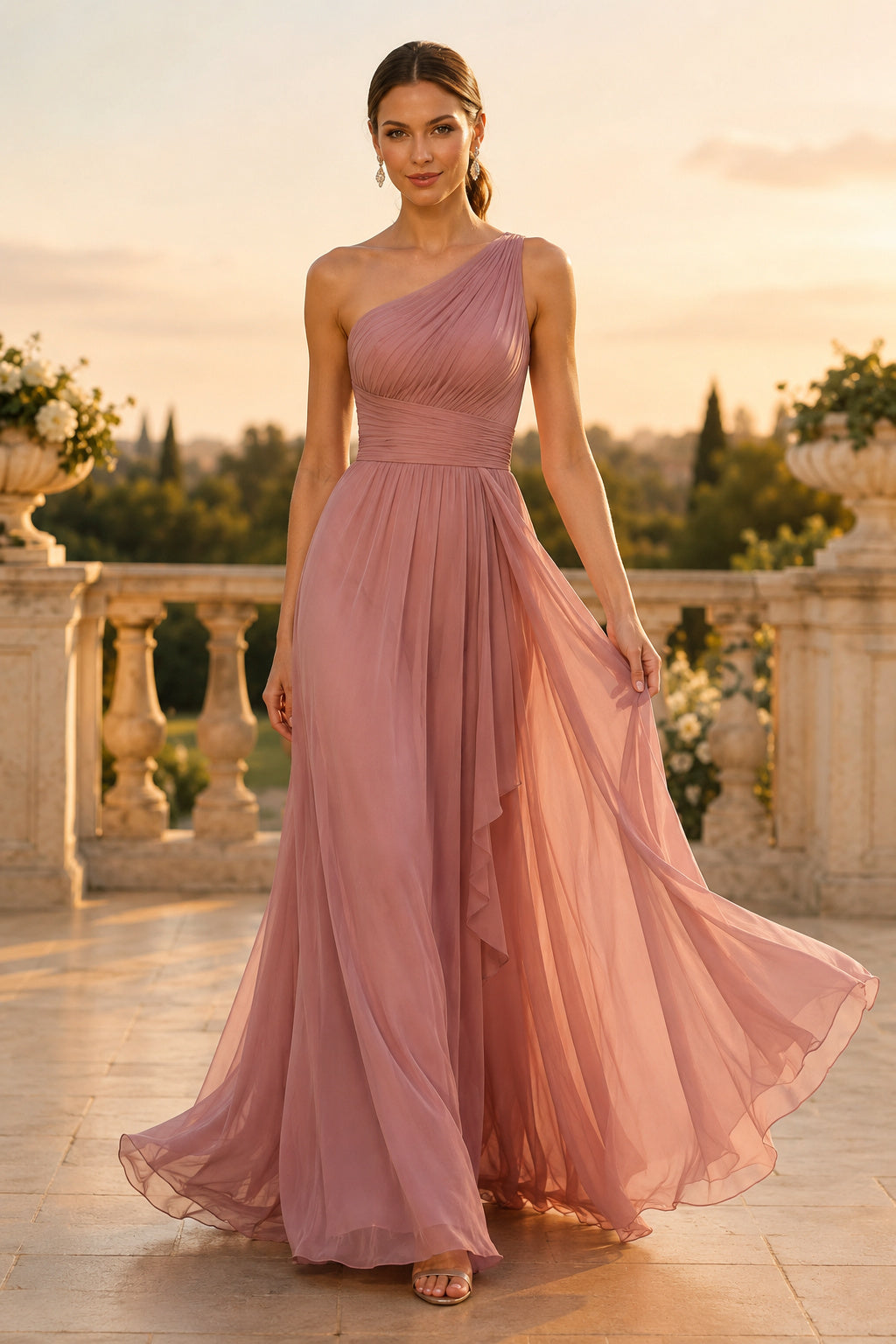 Dusty Rose One-Shoulder Chiffon A-Line Bridesmaid Dress with Ruffle Drape front view