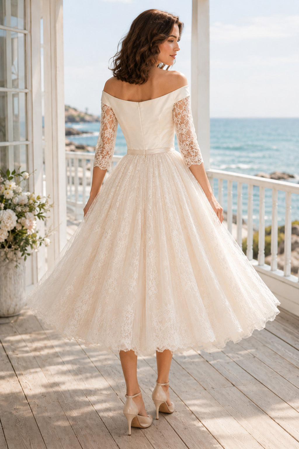 Champagne Off-the-Shoulder Bateau Long Sleeve Lace Tulle Tea-Length Wedding Dress with Long Lace Sleeves and Champagne Tulle