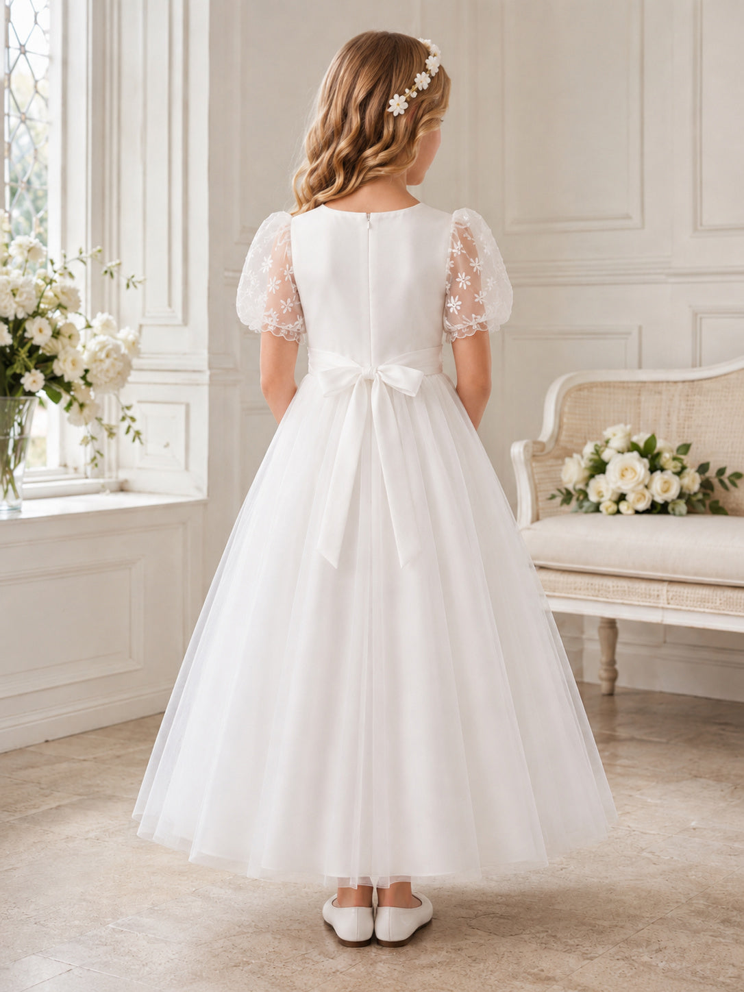 White Satin Organza Tulle Jewel Neck Short Organza Puff Sleeve Embroidered Sleeve Ankle Length Communion Flowergirl Dress bac