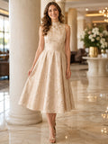 Champagne Jacquard Jugendweihe A Line Tea Length High Neck Sleeveless Dress front view