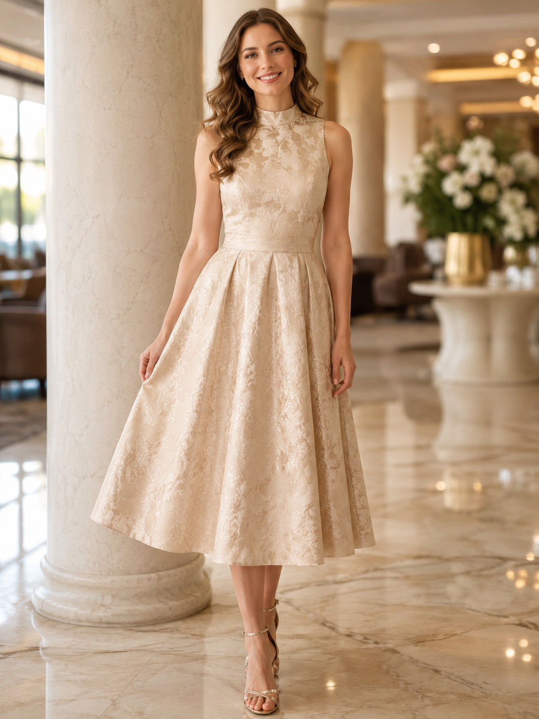 Champagne Jacquard Jugendweihe A Line Tea Length High Neck Sleeveless Dress front view