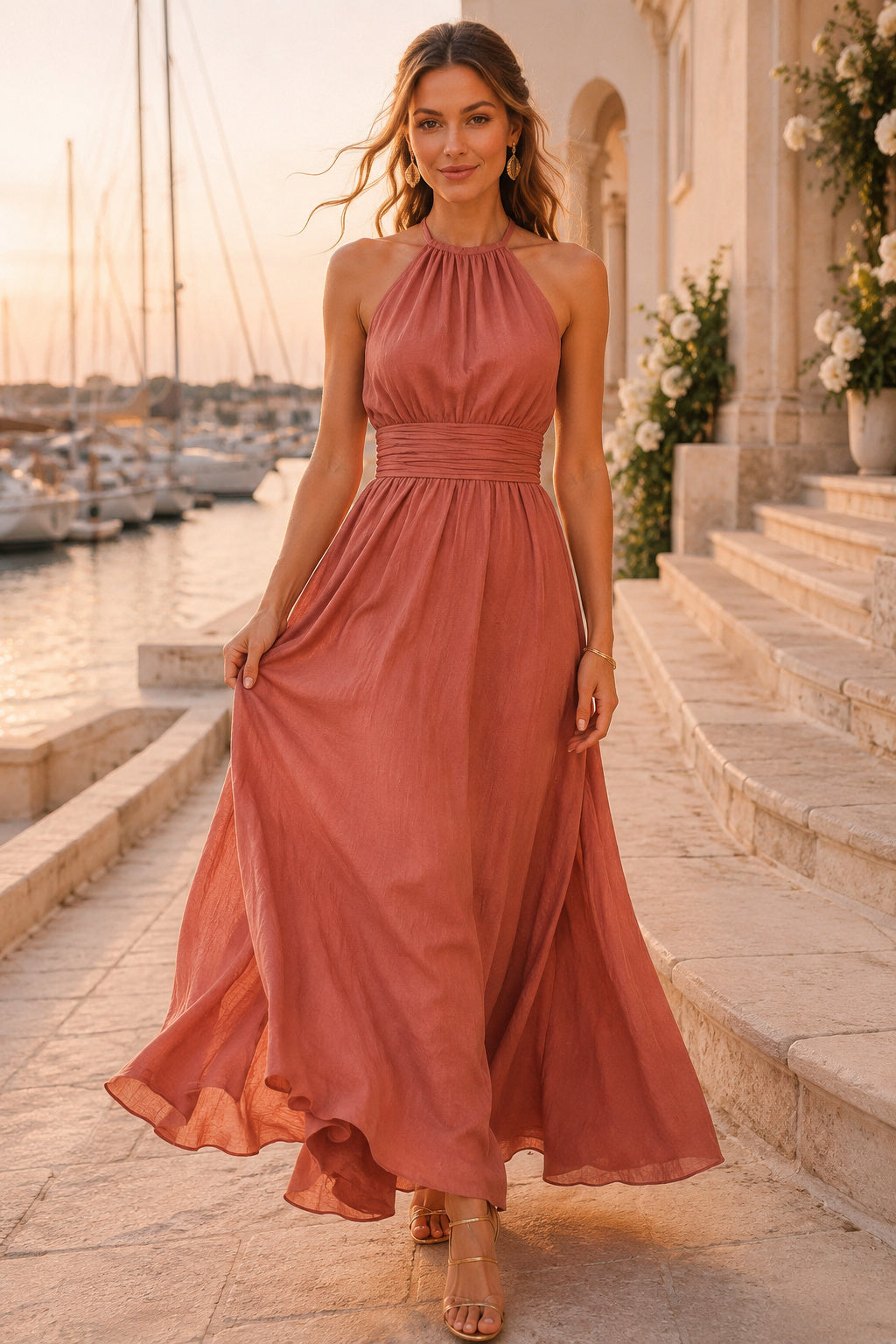 Coastal Wedding Guest Dress Rust Linen Blend Halter Ruched Tea Length front view