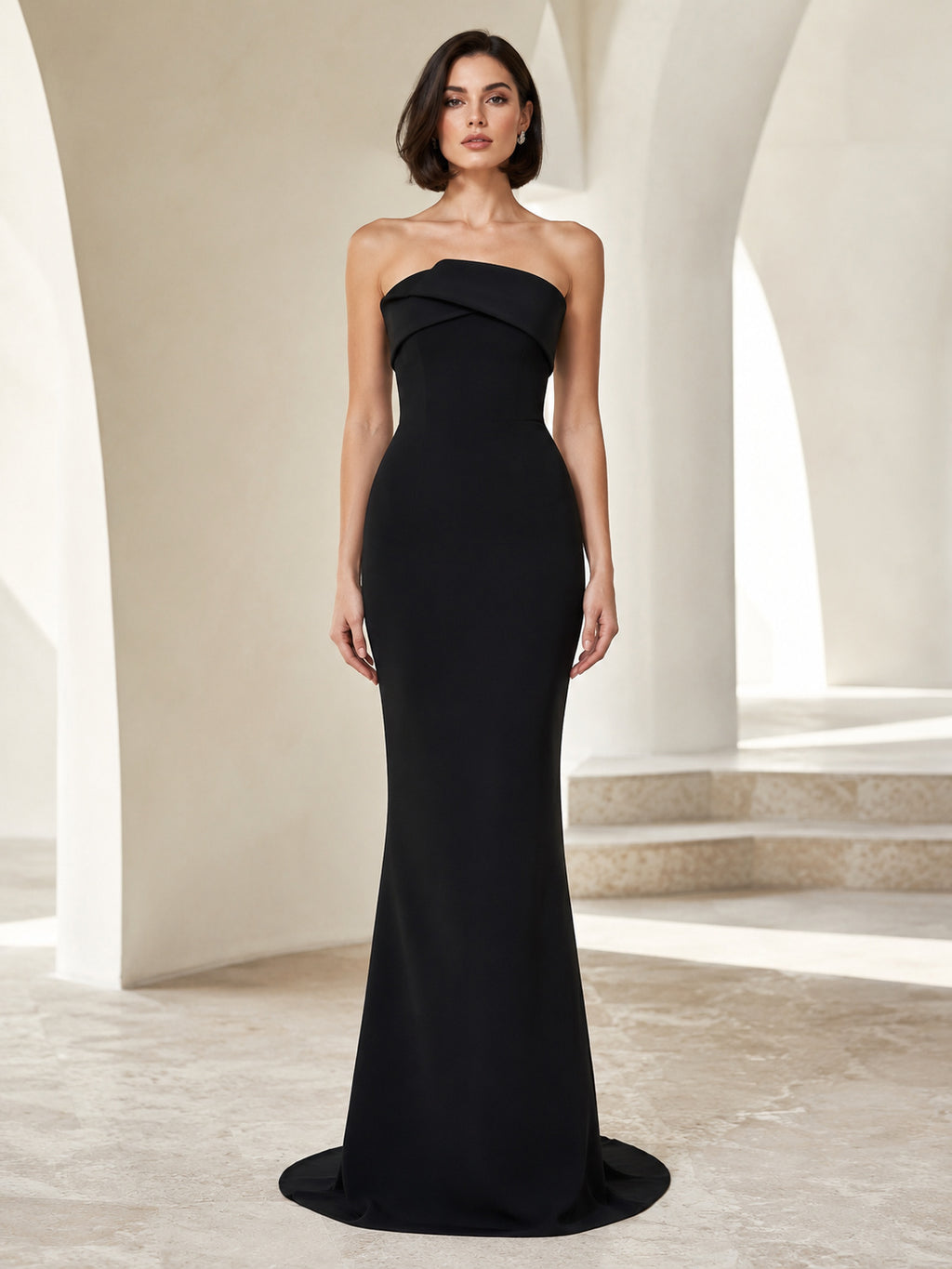 Black Modern Strapless Column Formal Evening Dress front view