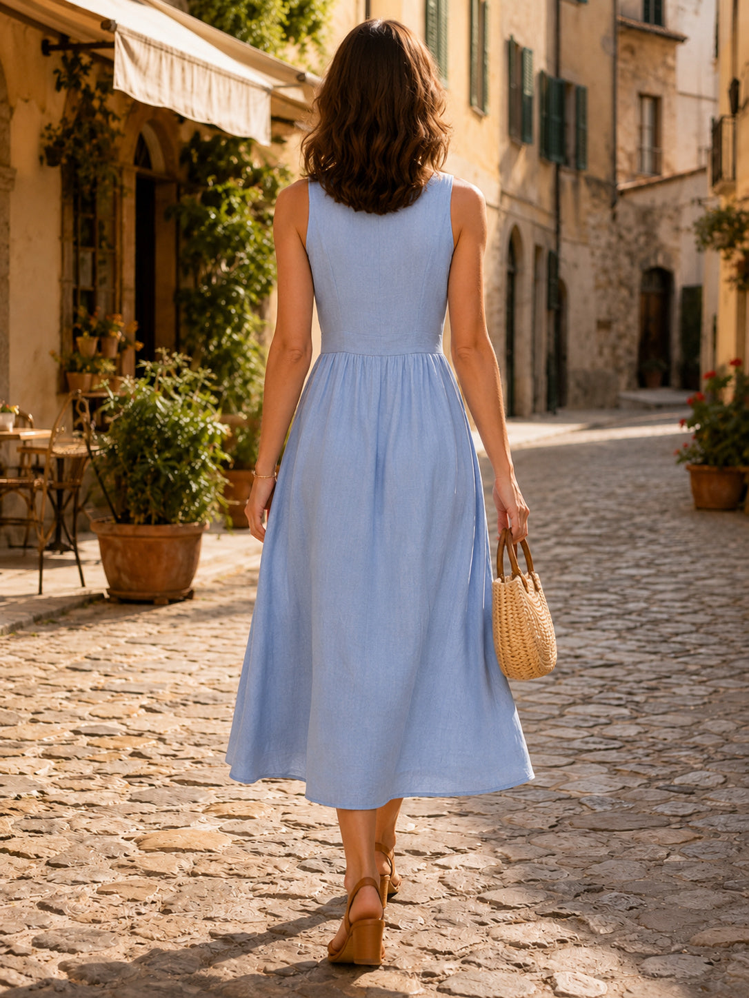 Blue Button Front Sleeveless Linen Travel Midi Dress back view