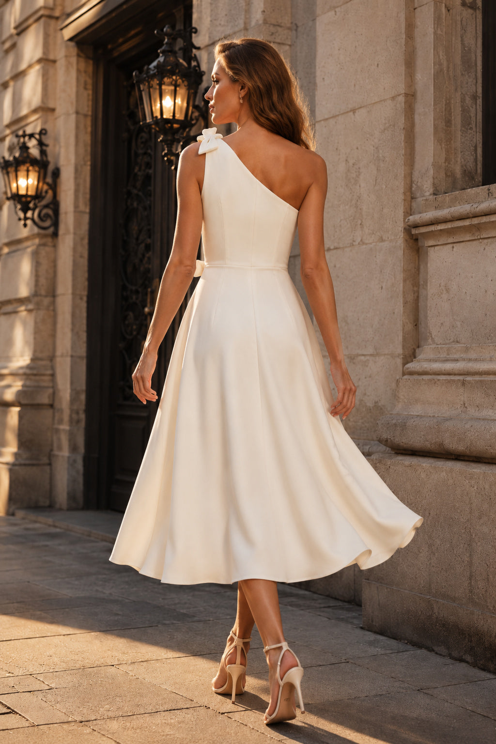 One-Shoulder Satin Tea-Length Wedding Dress with Bow back view