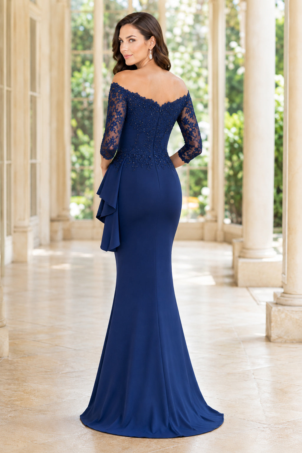 Dark Navy Off-the-Shoulder Mermaid Mother Dress with Lace Sleeves and Side Ruffle back view