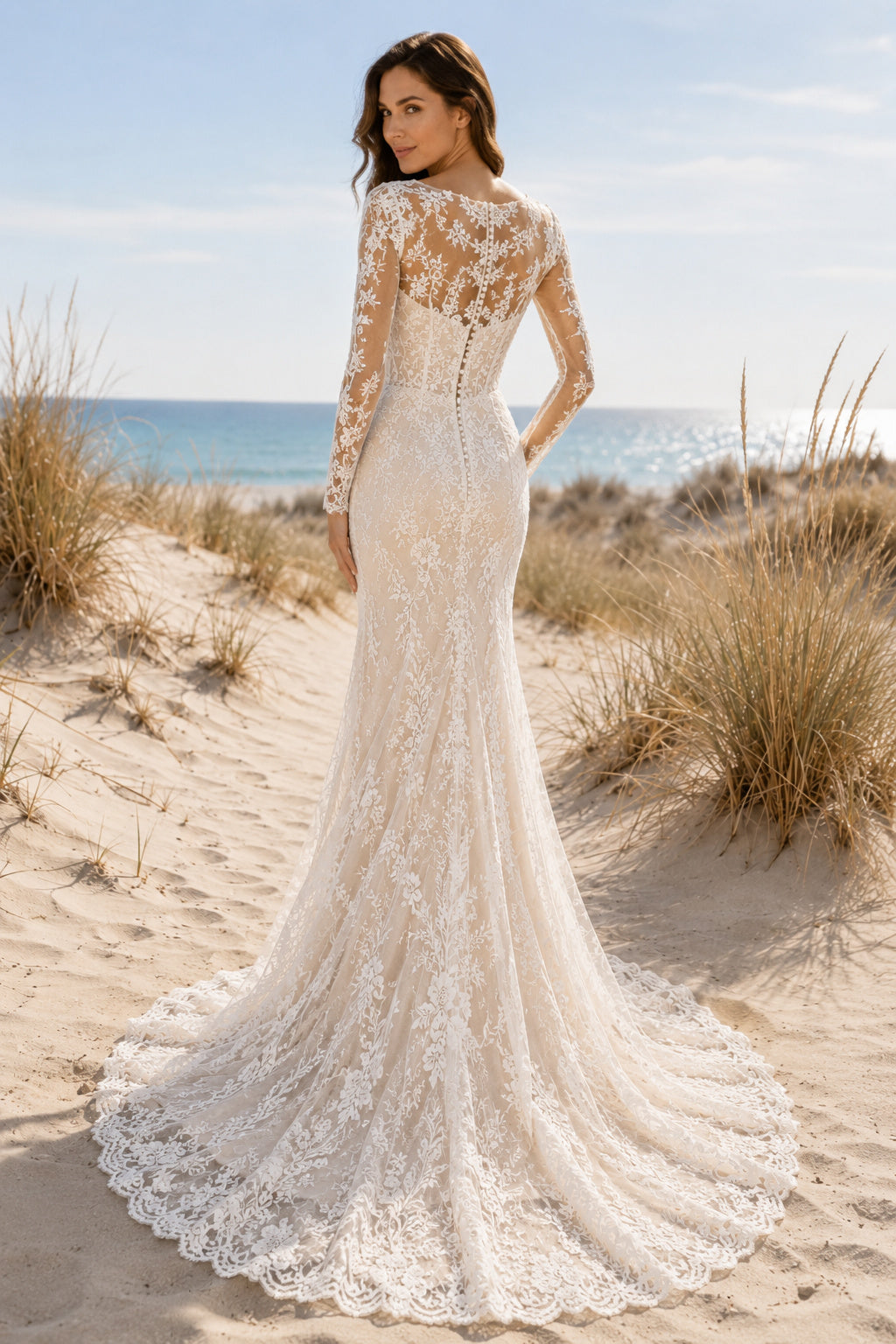 Ivory Square Neck Long Sleeve Mermaid Lace Wedding Dress with Open Back back view