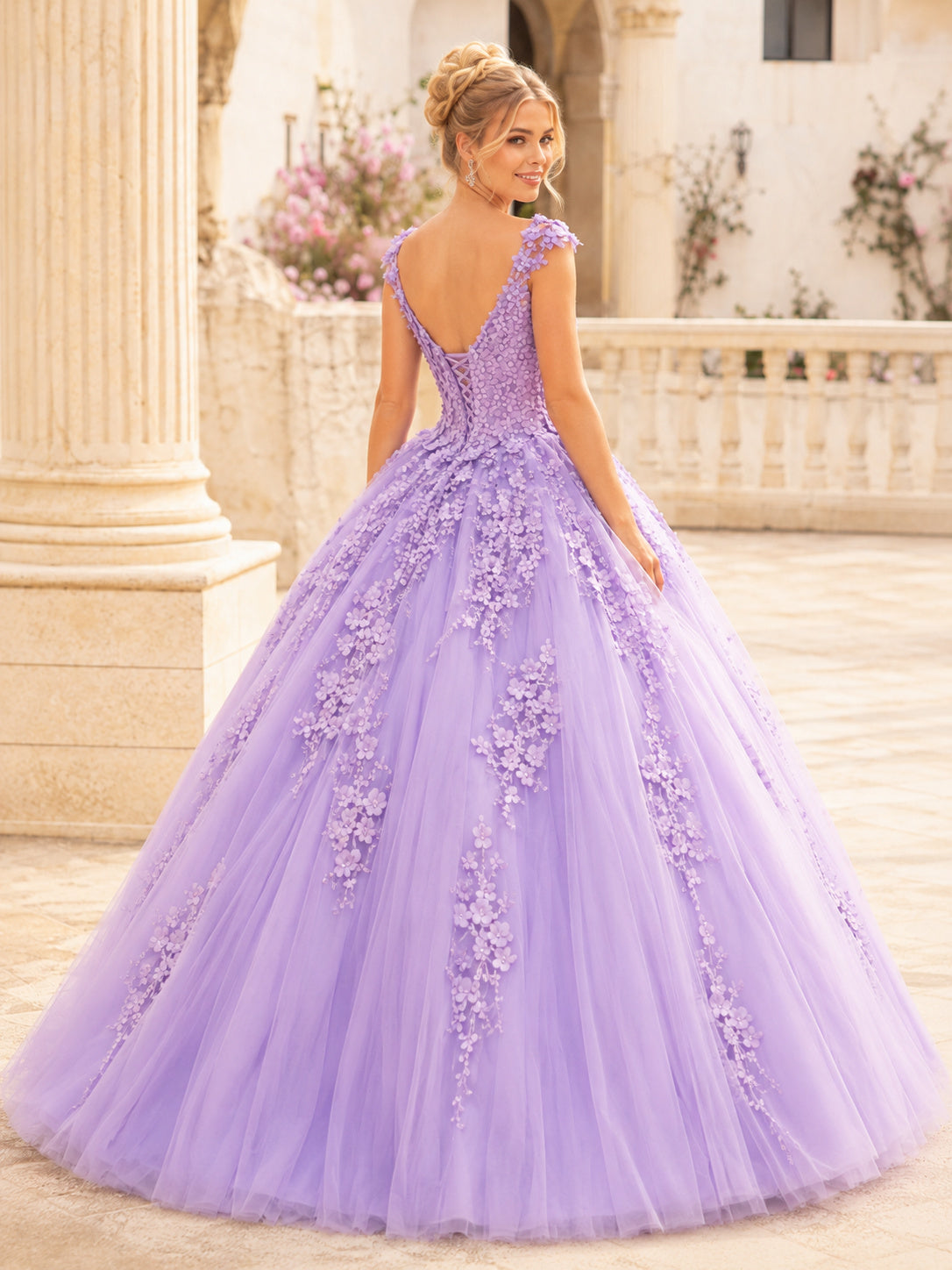 Lavender Luxury V Neck Floral Straps Applique Tulle Princess Quinceanera Ball Gown back view