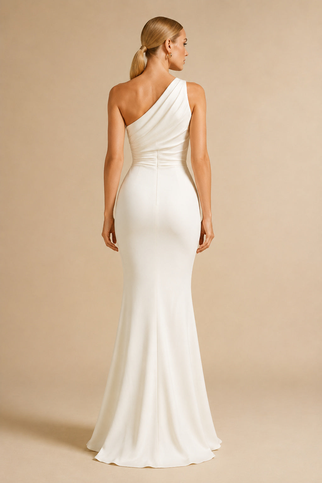 Ivory One-Shoulder Sheath Wedding Dress with Side Ruching back view