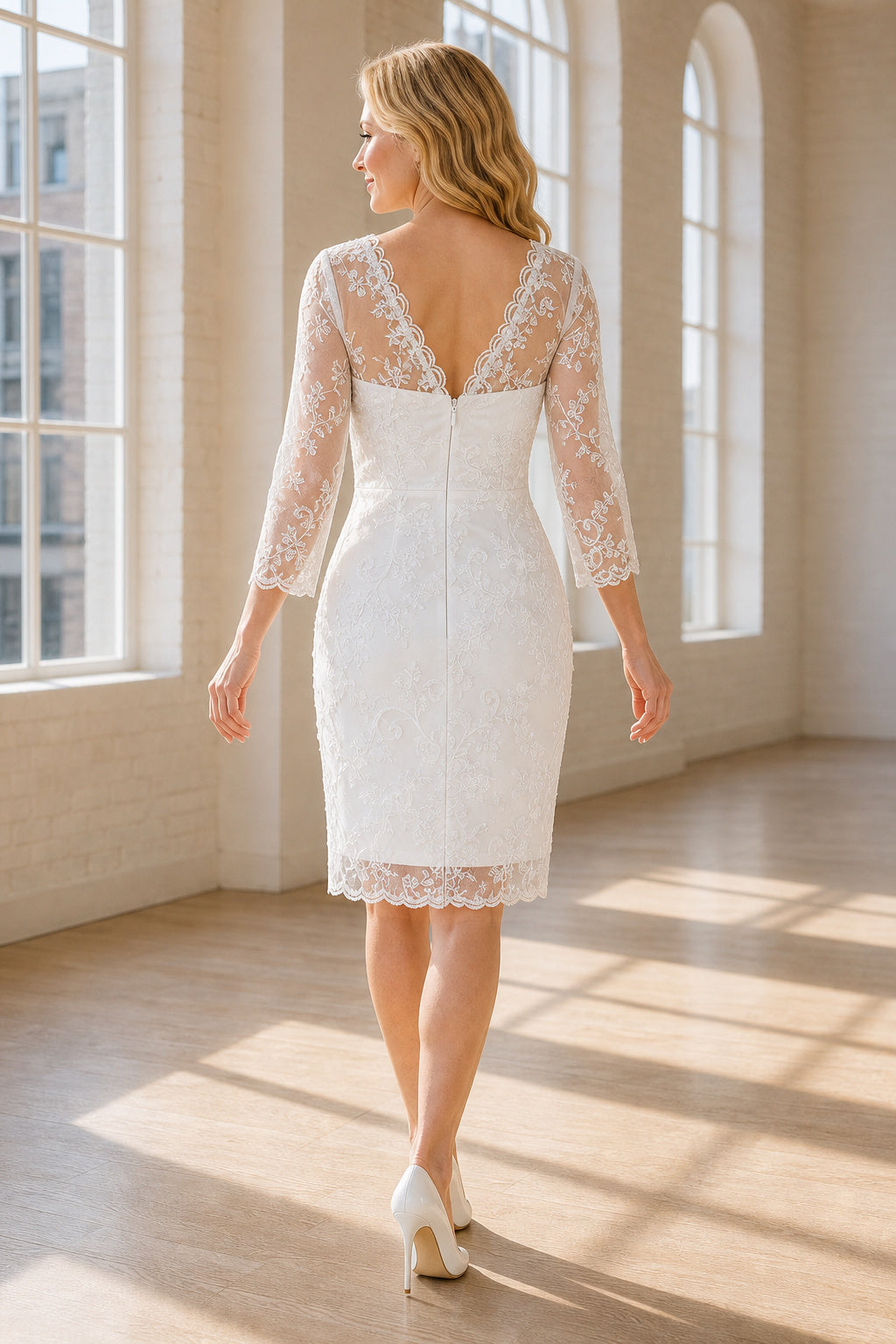 Ivory Bateau Long Sleeve Sheath Lace Knee-Length Dress With Scalloped Hem