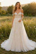 Ivory Off-the-Shoulder Lace Tulle A-Line Wedding Dress with Full Sweep Train front view