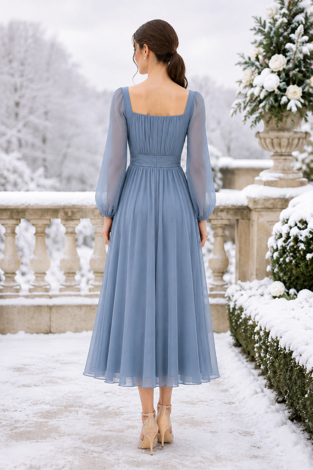Dark Navy Winter Wedding Guest Sheath Dress Style MG_301531 back view
