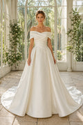 Satin Wedding Dress Ball Gown Off Shoulder Sweep Train Bridal Gown front view