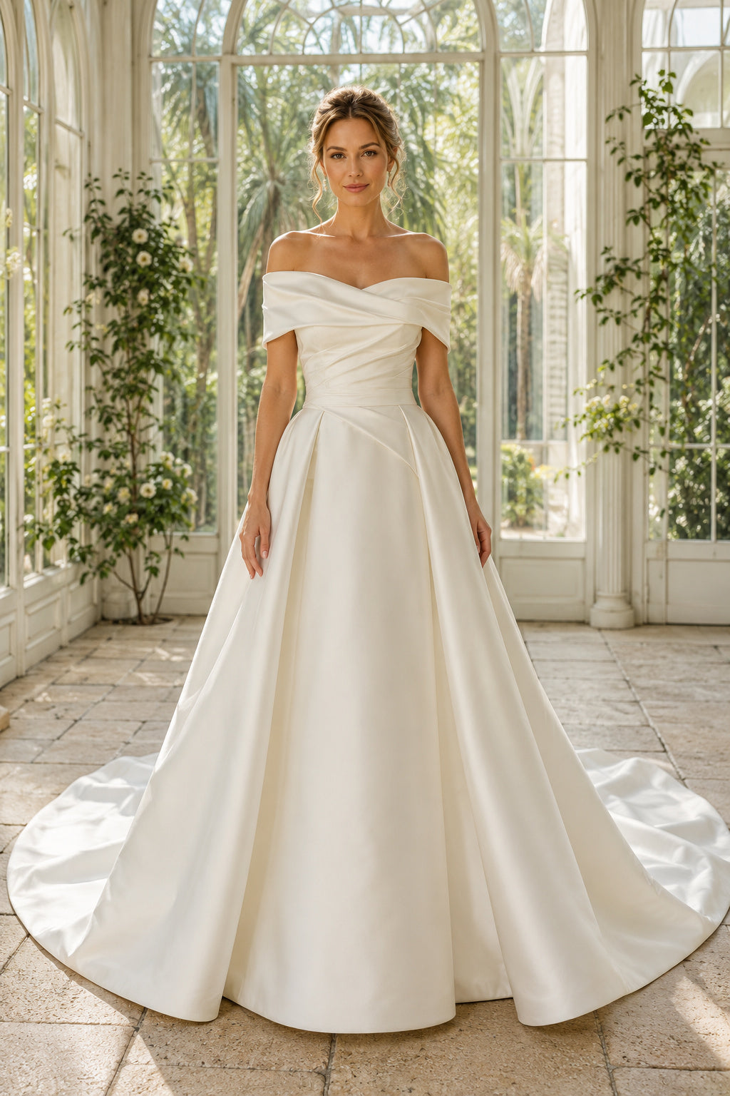Satin Wedding Dress Ball Gown Off Shoulder Sweep Train Bridal Gown front view