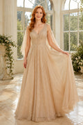 Champagne V-Neck Lace Tulle A-Line Wedding Dress with Long Cape Sleeves and Soft Skirt front view