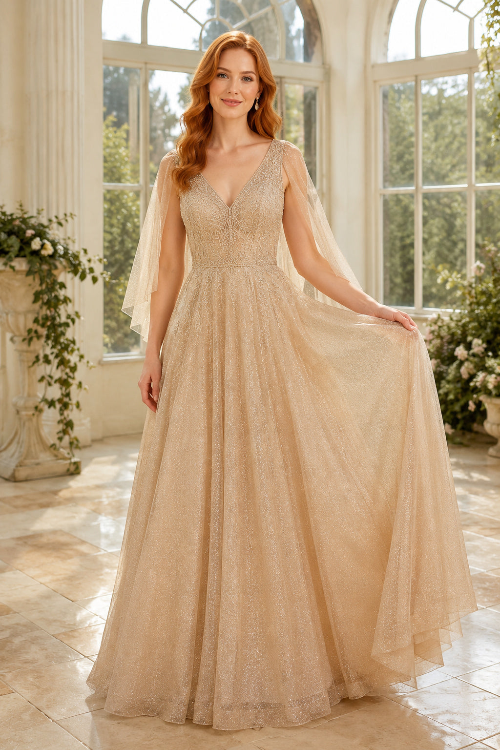 Champagne V-Neck Lace Tulle A-Line Wedding Dress with Long Cape Sleeves and Soft Skirt front view
