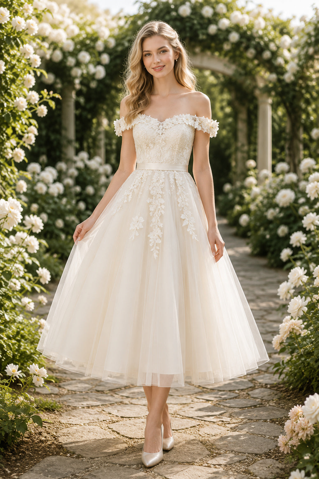 Ivory Off Shoulder Lace Bodice with Bow Detail and Tulle Skirt Tea Length A-Line Wedding Dress front view