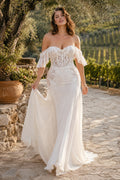 Ivory Sexy Off-the-Shoulder Sheath Chiffon Lace Wedding Dress with Flutter Sleeves and Sweep Train front view