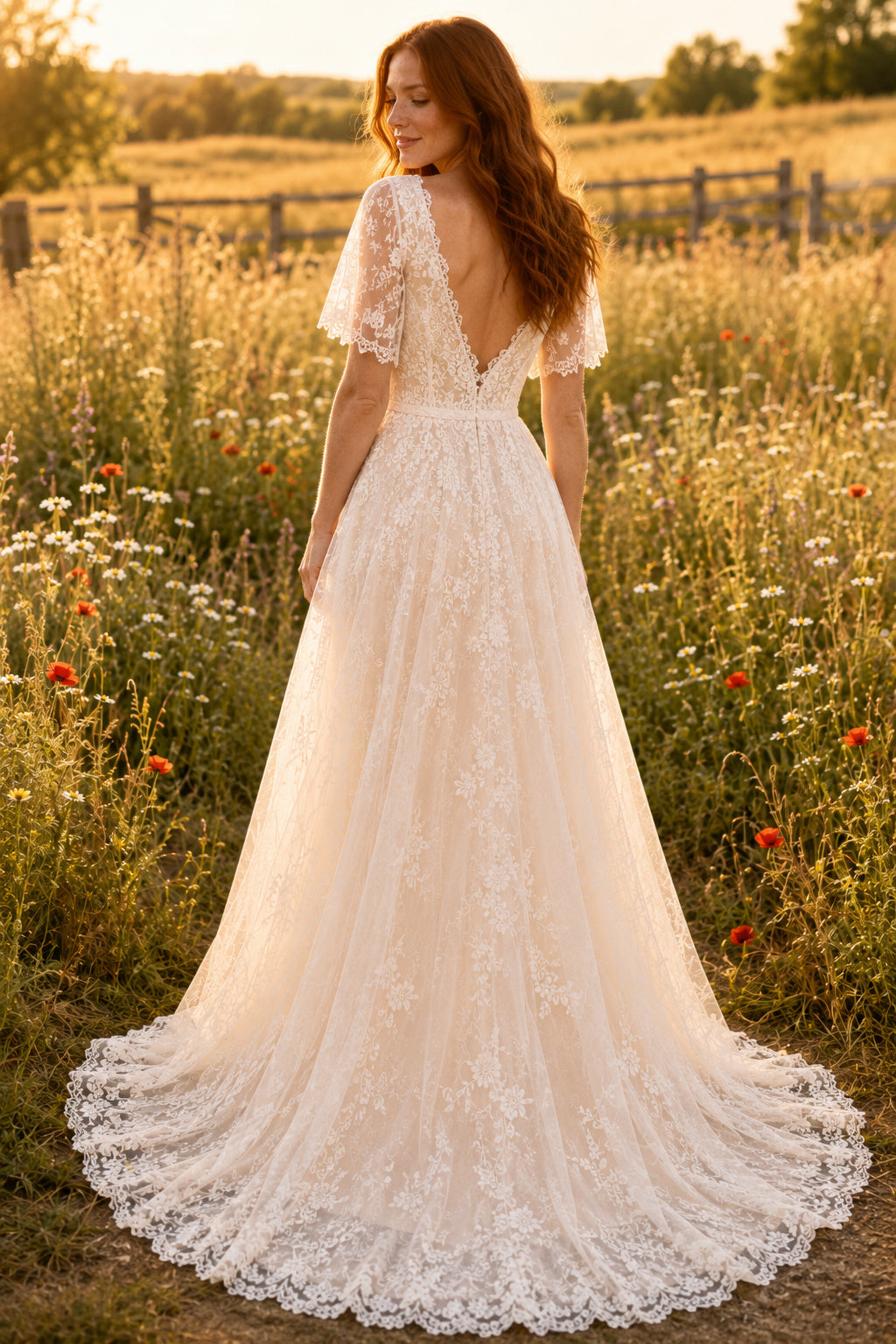 Flutter Sleeve V-Neck A-Line Wedding Dress with Lace Appliques and Full Train for Rustic Garden Ceremony Style MG_700679 back