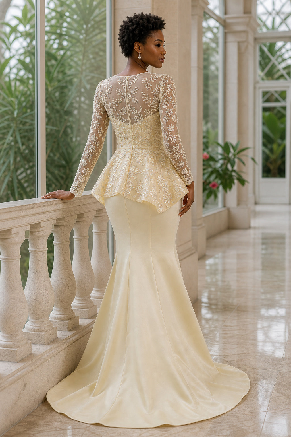 Jewel Neck Long Sleeve Mermaid Lace Floor-Length Dress With Peplum