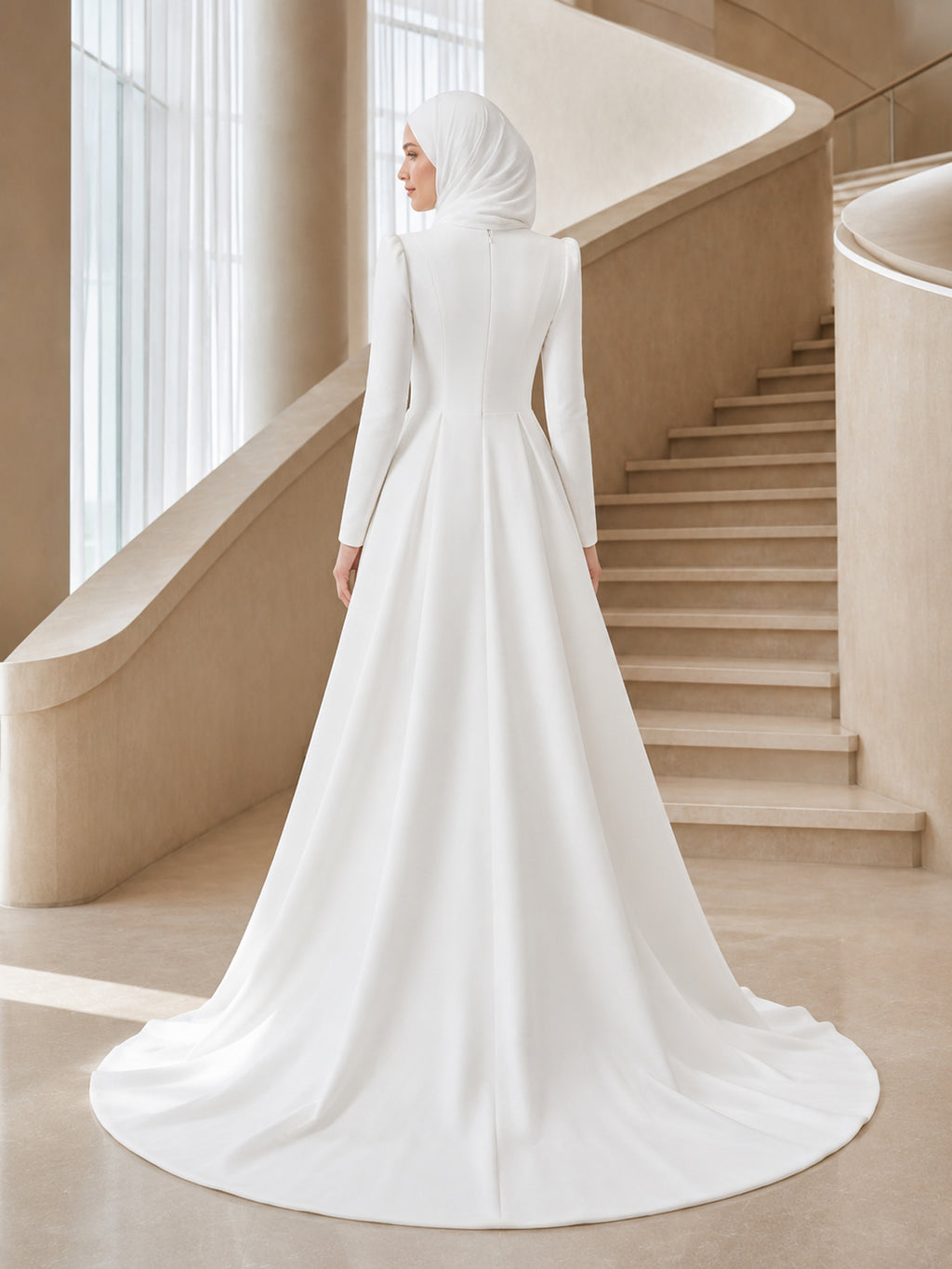Modest Muslim Long Sleeve High Neck Mikado Ball Gown Wedding Dress back view