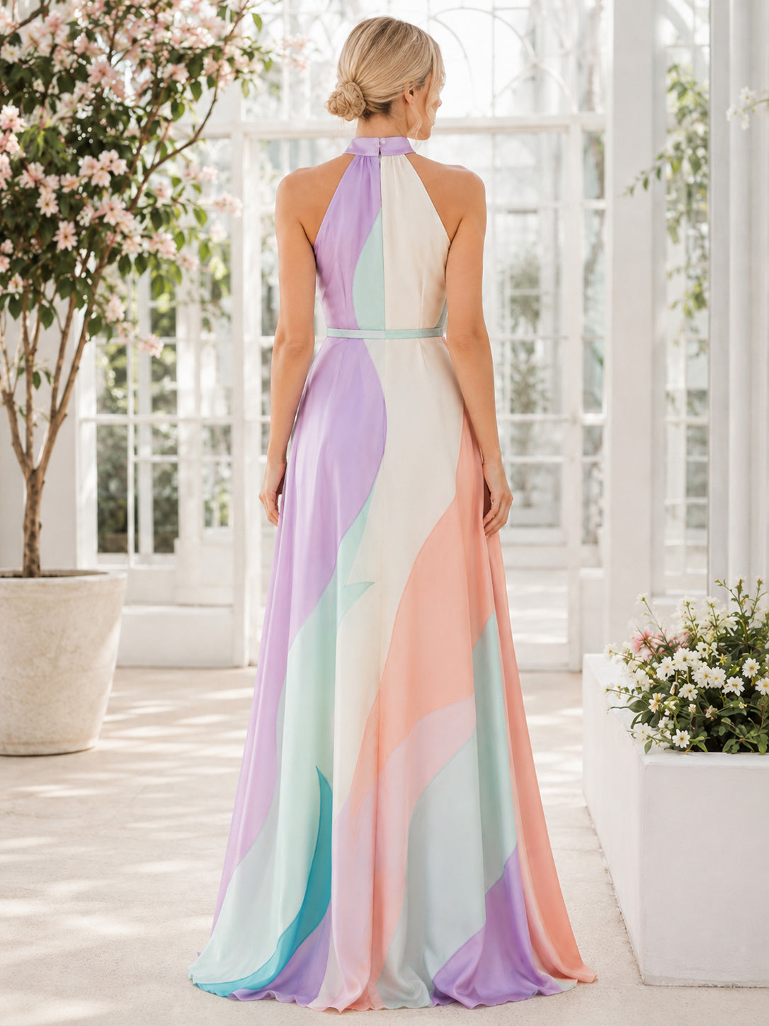Pastel Color Block Halter Sleeveless Printed Maxi Occasion Dress back view