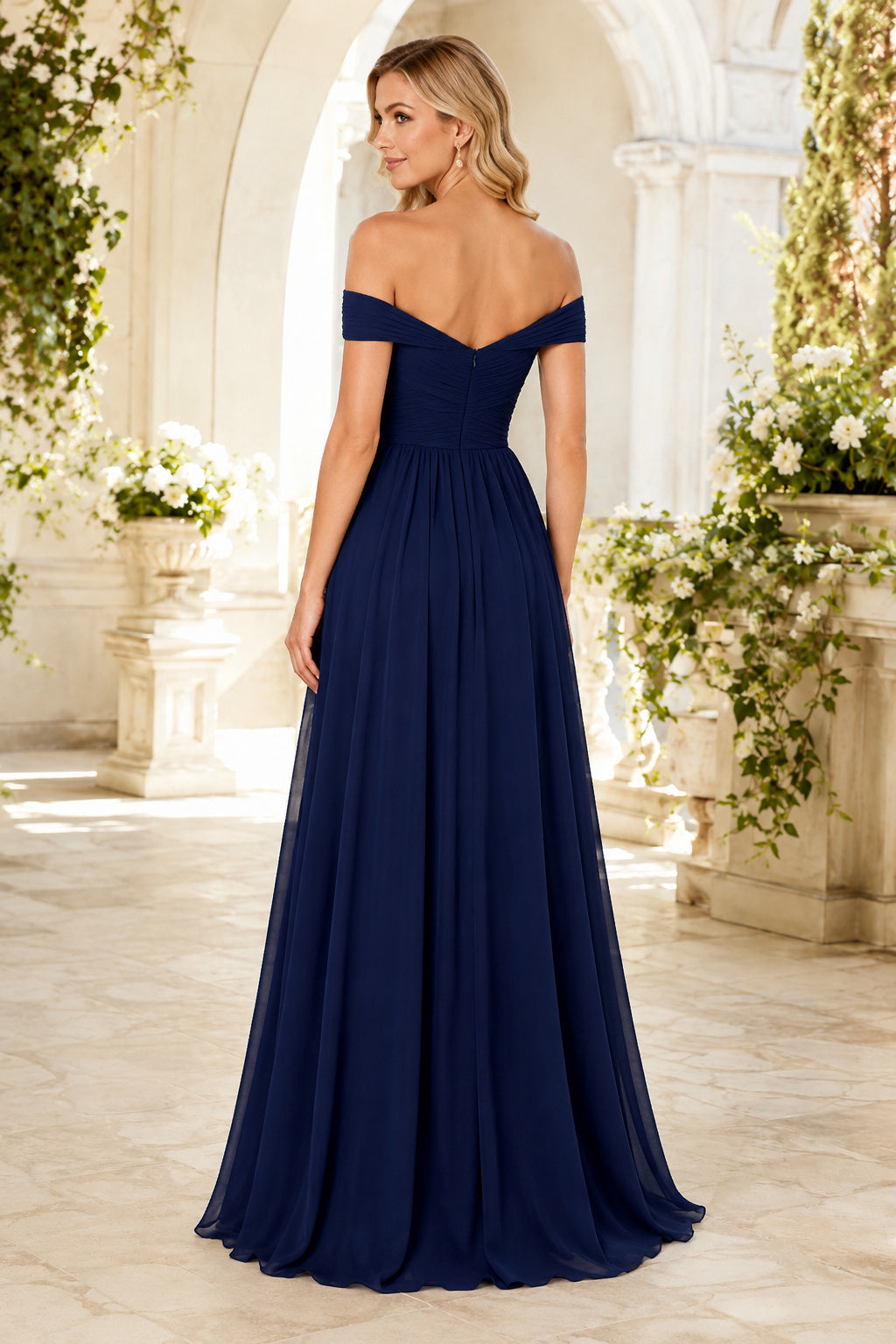 Dark Navy Off-the-Shoulder Chiffon A-Line Bridesmaid Dress with Pleated Bodice back view