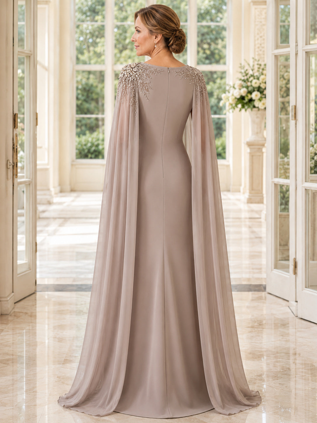 Taupe Luxury Formal Bateau Crystal-Shoulder Chiffon Long-Cape Floor-Length Mother of the Bride Gown back view