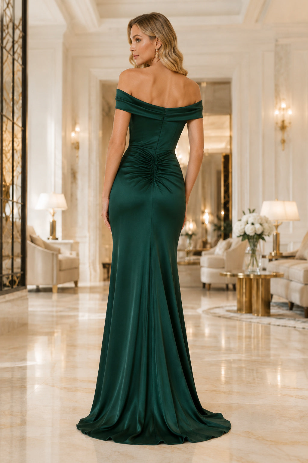 Dark Green Off The Shoulder Satin Sheath Evening Gown With Side Slit Evening Dress back view