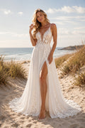 Ivory Spaghetti V-Neck Lace Tulle A-Line Wedding Dress Split Train for Wedding Ceremony and Reception Style MG_701436 front v