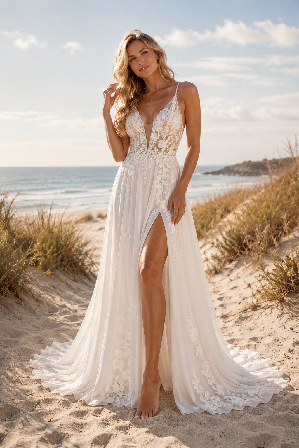 Ivory Spaghetti V-Neck Lace Tulle A-Line Wedding Dress Split Train for Wedding Ceremony and Reception Style MG_701436 front v