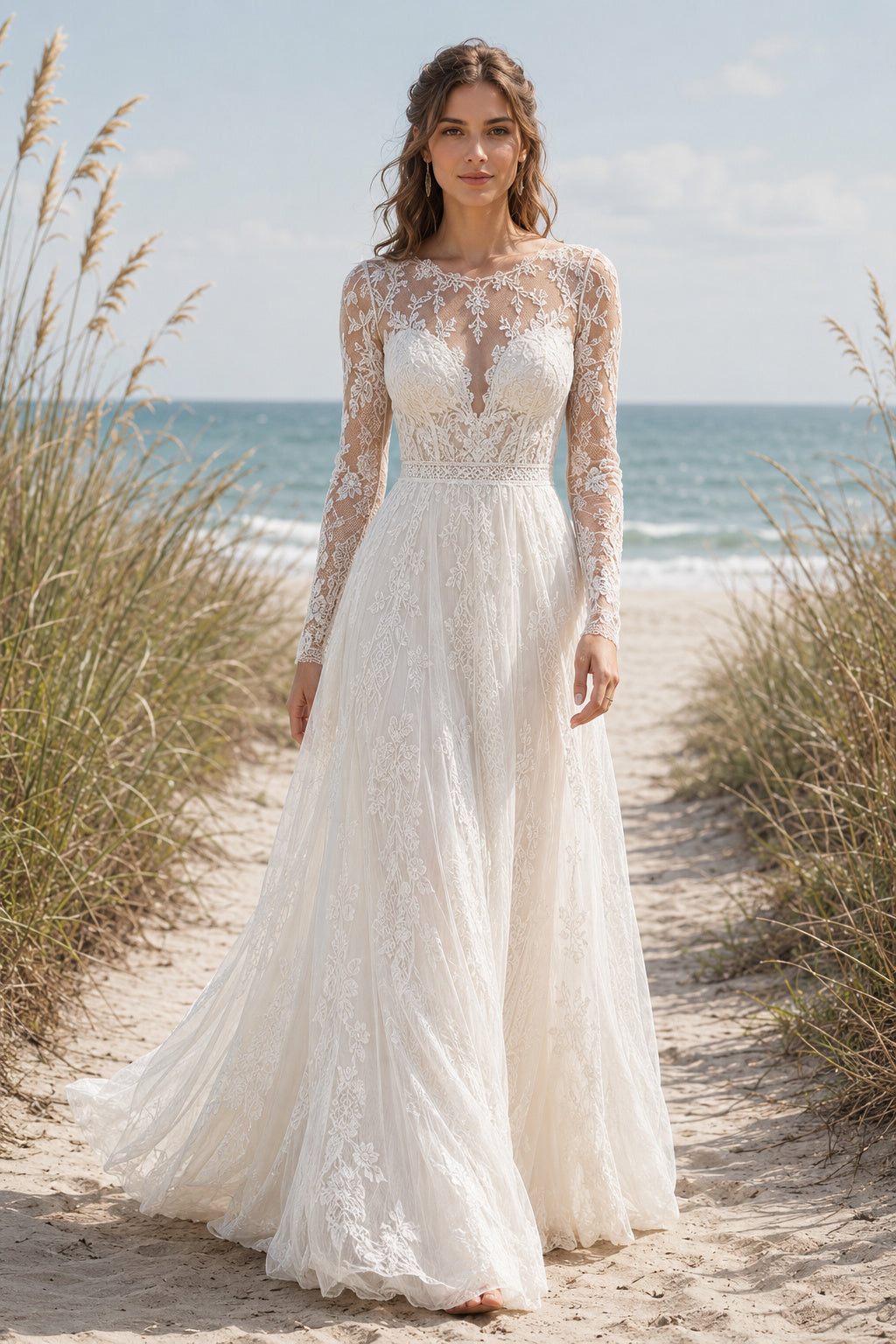 Ivory Bateau Long Sleeve Illusion Lace A-Line Wedding Dress Train for Bridal Ceremony and Reception front view