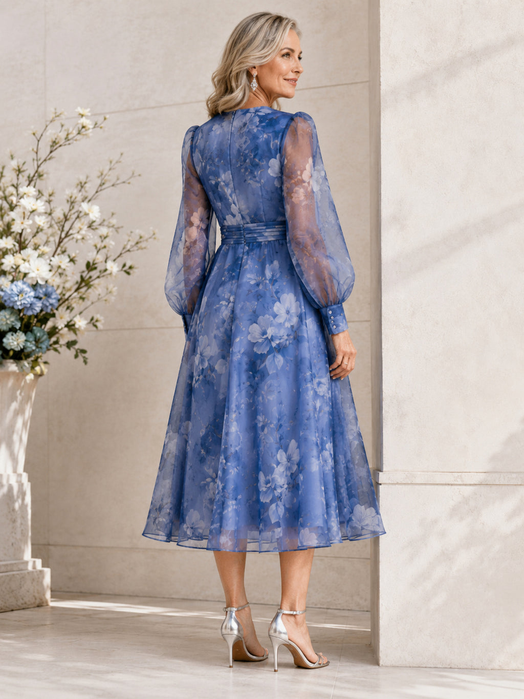 Royal Blue Modern Tea-Length A-Line Mother of the Bride Printed Organza Wrap Dress with V-Neck and Long Balloon Sleeves back