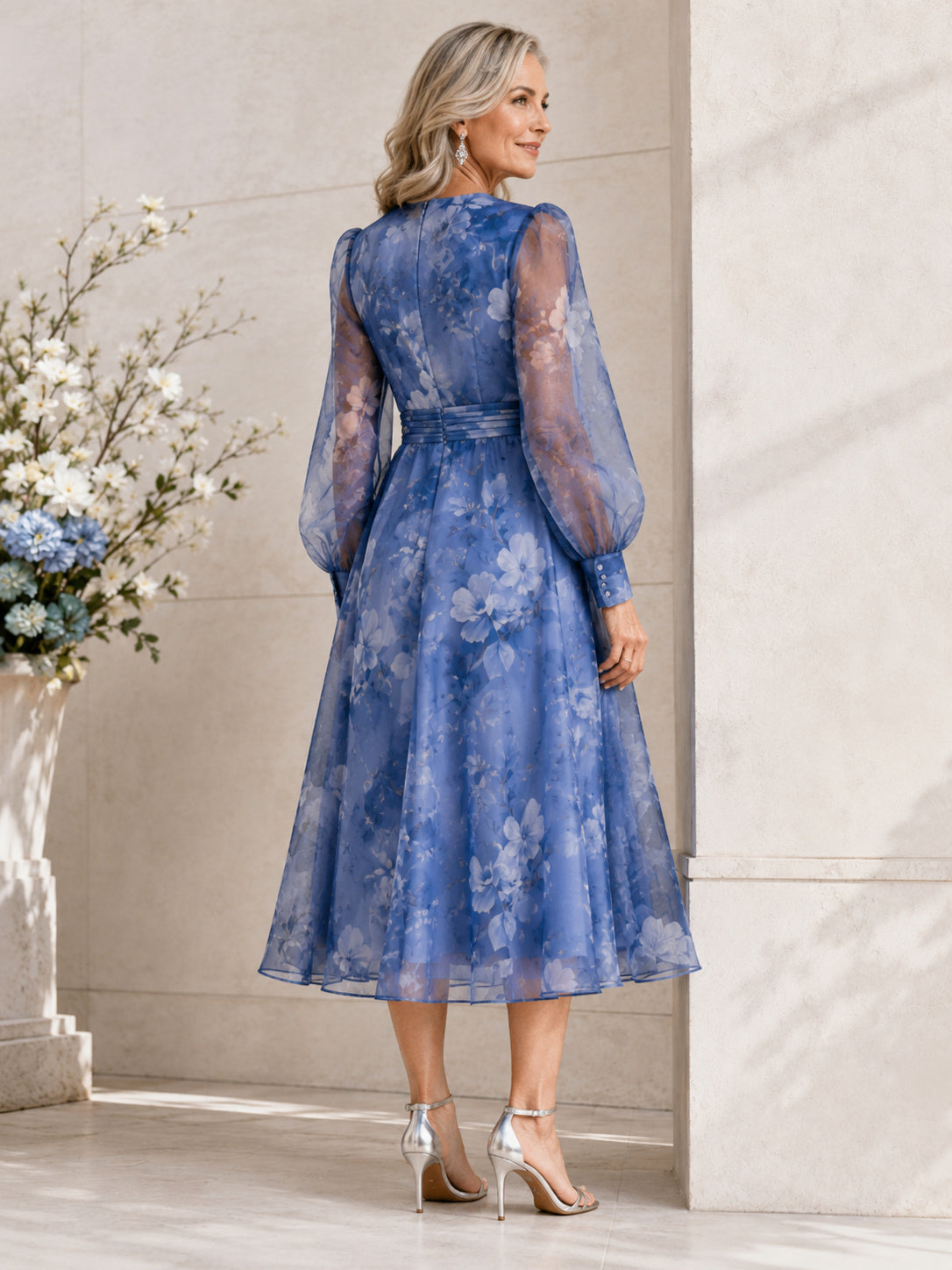 Royal Blue Modern Tea-Length A-Line Mother of the Bride Printed Organza Wrap Dress with V-Neck and Long Balloon Sleeves back