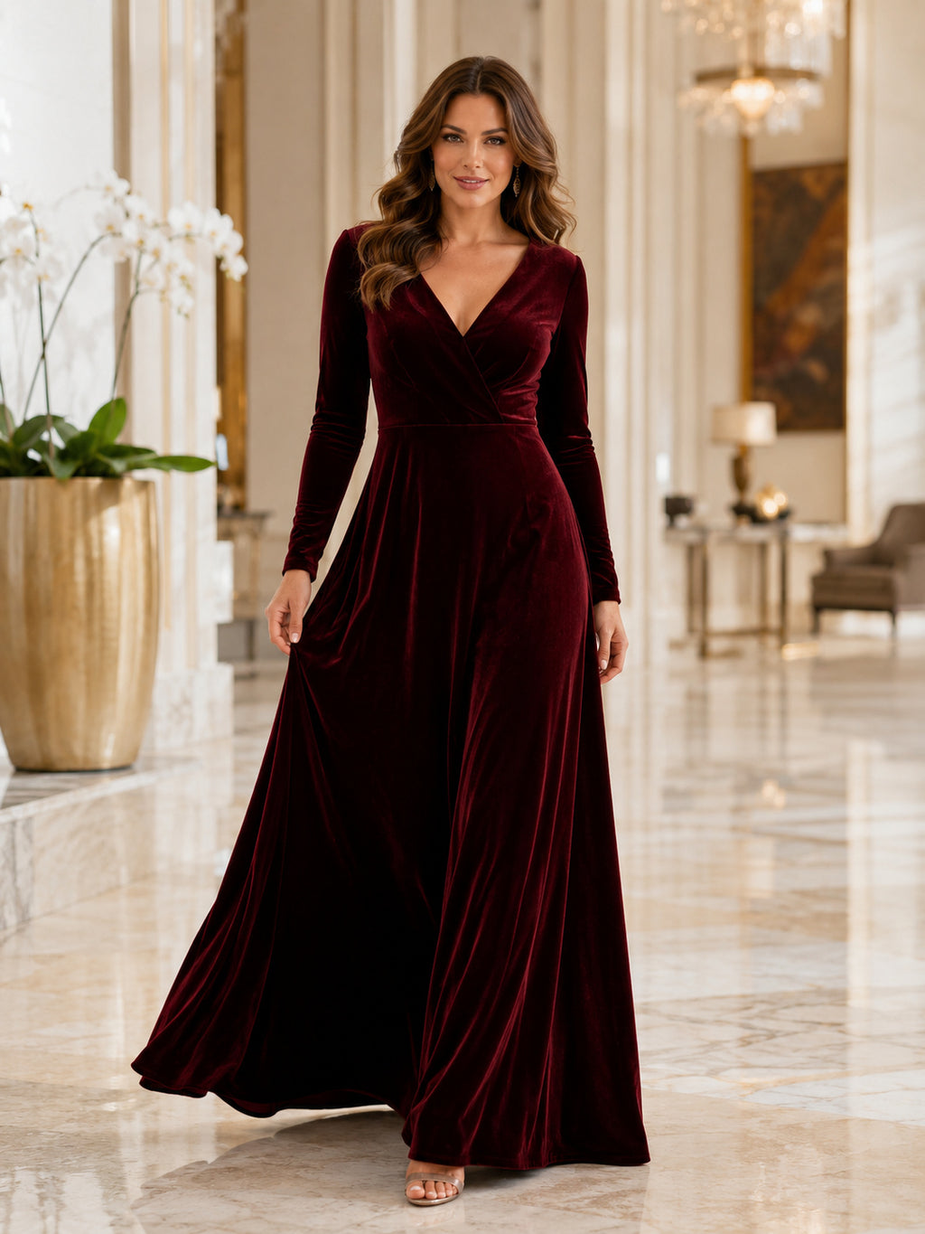 Burgundy Long Sleeve Velvet A-Line Formal Dress front view