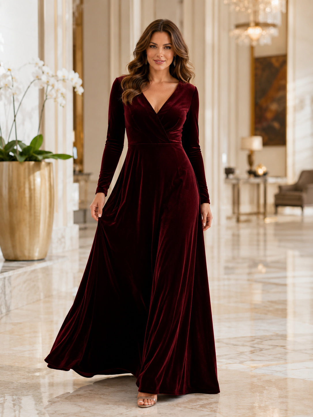 Burgundy Long Sleeve Velvet A-Line Formal Dress front view