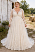 Plus Size Long Sleeve Lace A-Line Wedding Dress with Deep V-Neck Style 720931 front view