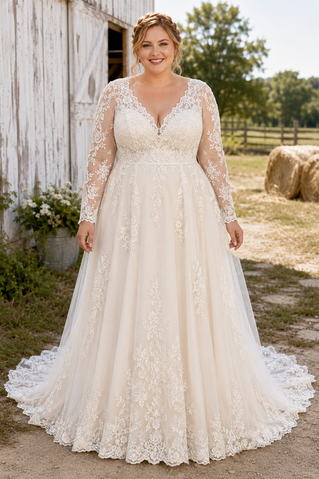 Plus Size Long Sleeve Lace A-Line Wedding Dress with Deep V-Neck Style 720931 front view
